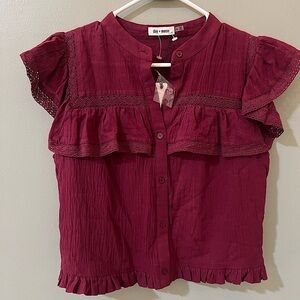 day + moon Women's Burgundy Ruffle Button-Front Top